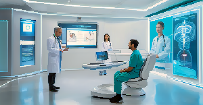 A doctor and patient engaging in a telemedicine consultation, with a digital interface illustrating blockchain technology.