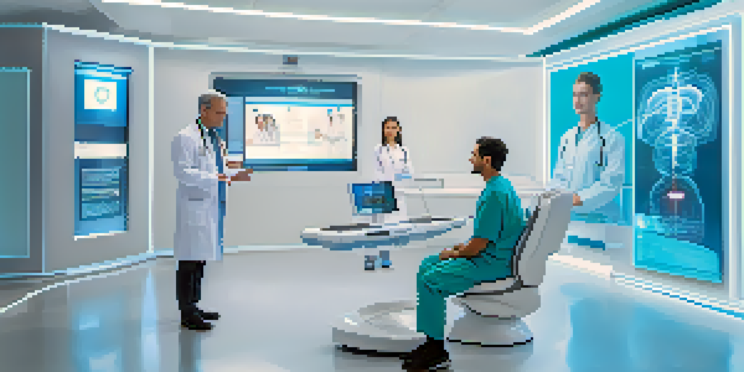 A doctor and patient engaging in a telemedicine consultation, with a digital interface illustrating blockchain technology.