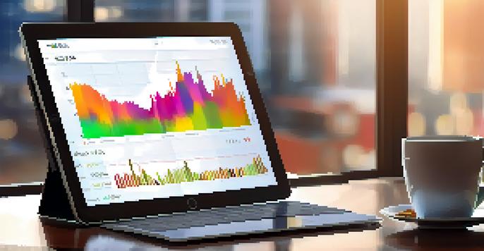 A digital tablet showing a cryptocurrency trading graph in a modern office with a cup of coffee beside it.