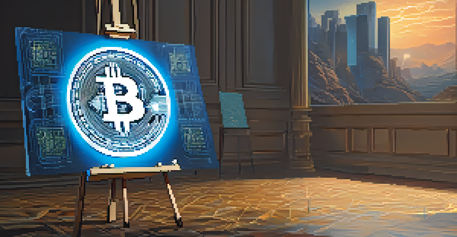 A juxtaposition of a traditional painting on an easel and a glowing digital canvas, symbolizing the fusion of traditional art and cryptocurrency.
