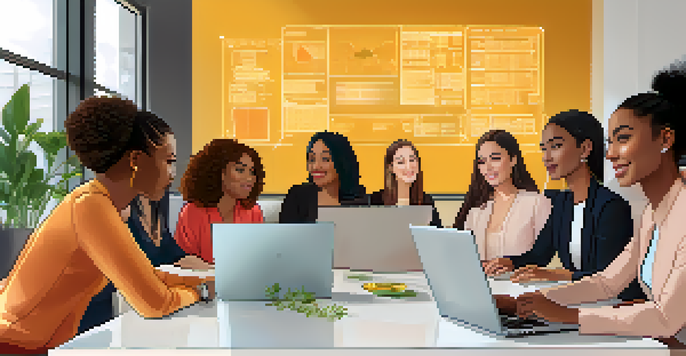 A group of women discussing cryptocurrency investments at a conference table, surrounded by laptops and charts in a bright office.