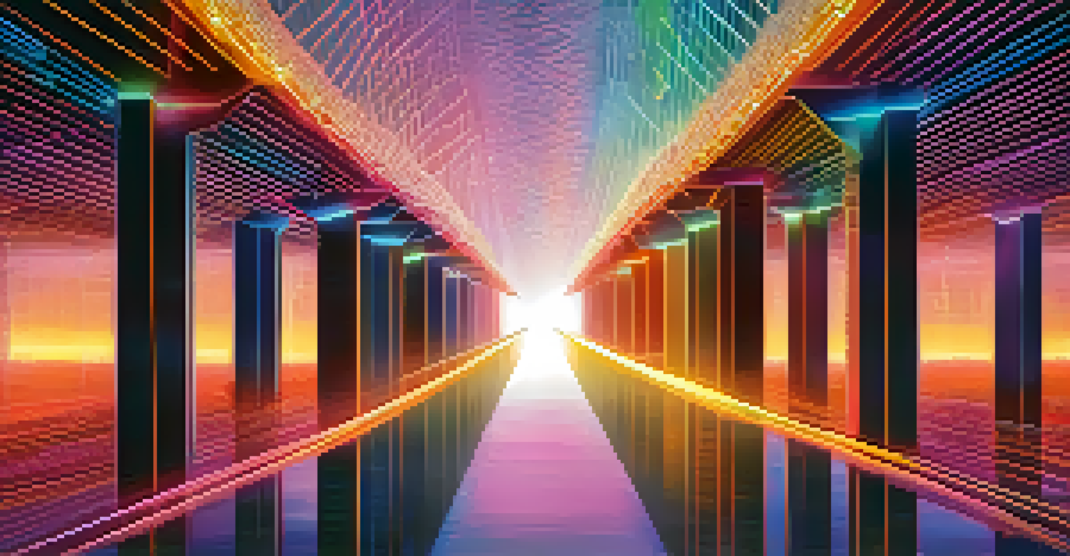An abstract artwork showing bridges connecting colorful blockchain structures, symbolizing cross-chain protocols and data flow.