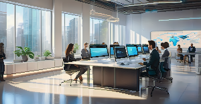 A modern office with professionals discussing smart contracts, surrounded by digital displays and natural light.