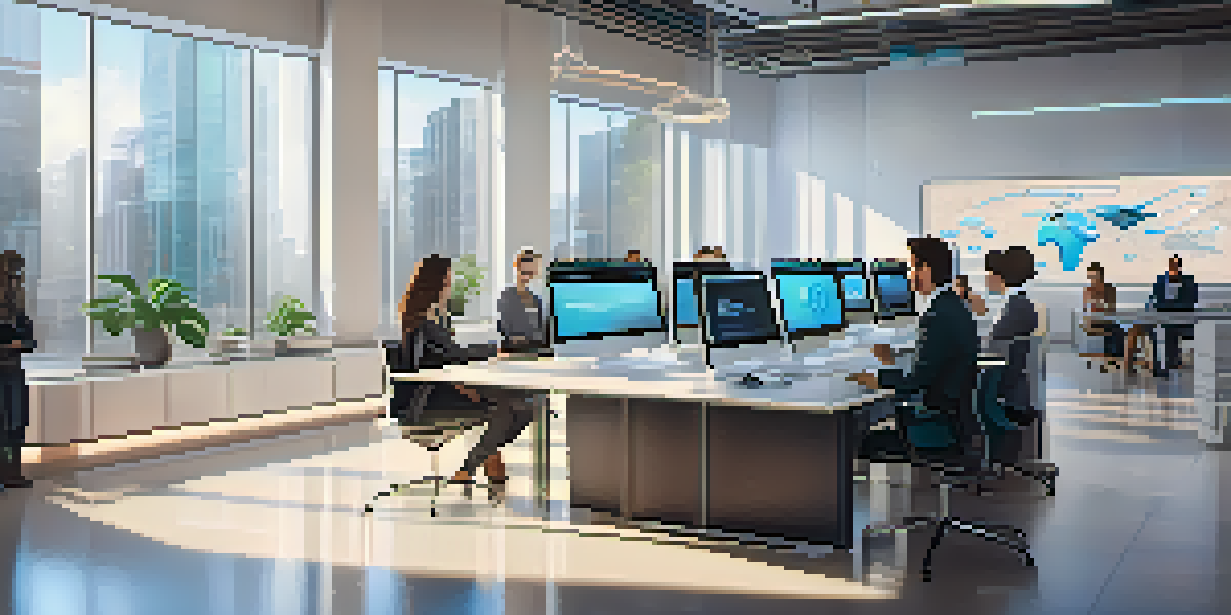 A modern office with professionals discussing smart contracts, surrounded by digital displays and natural light.
