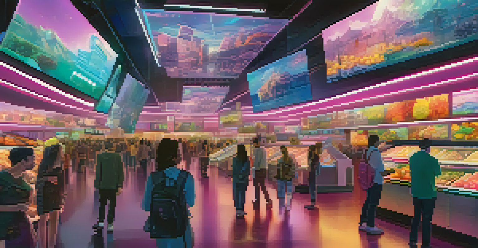 A vibrant NFT marketplace with users engaging with digital art on large screens.