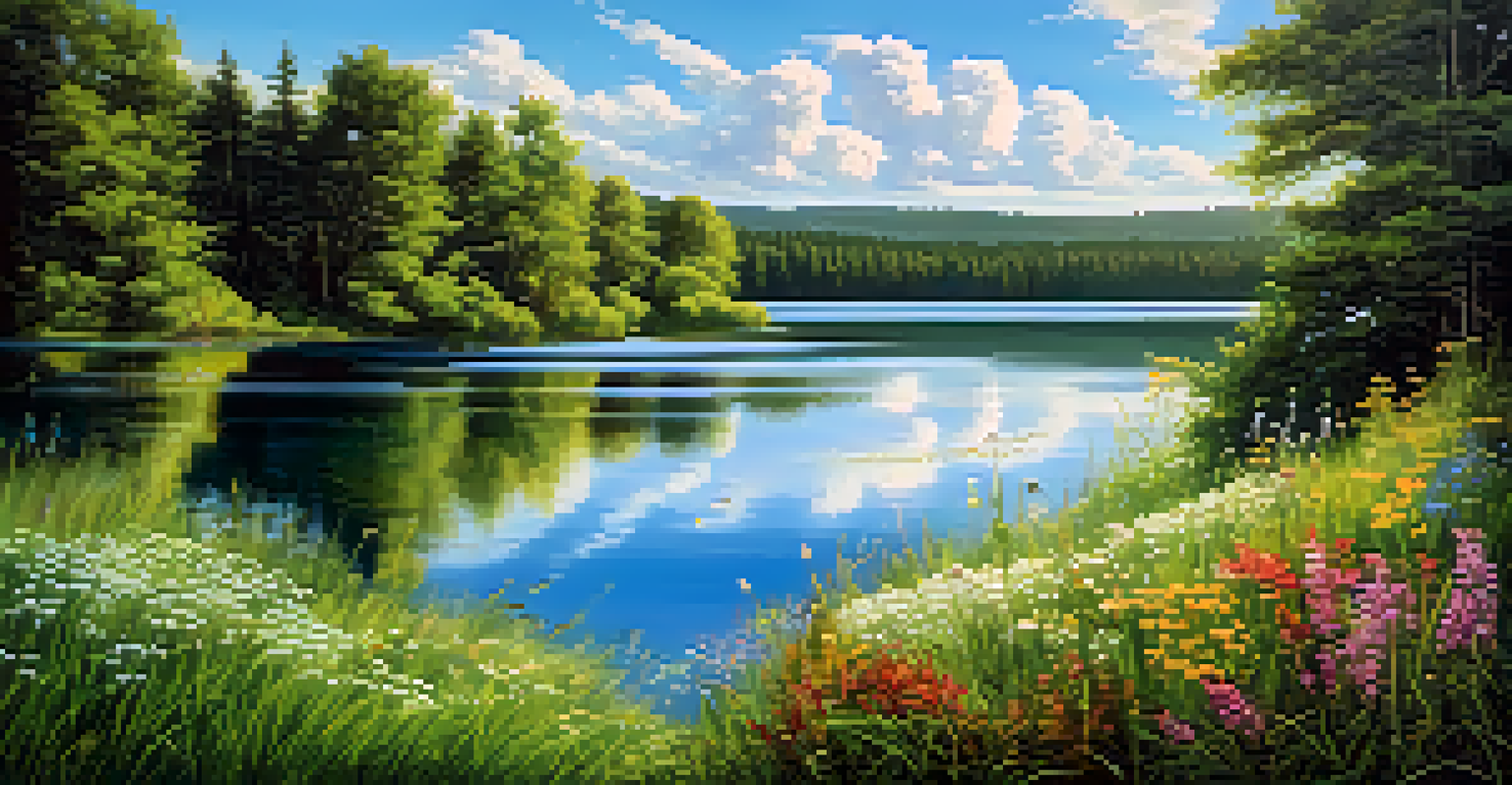 A peaceful lake surrounded by green forests and colorful wildflowers under a blue sky.