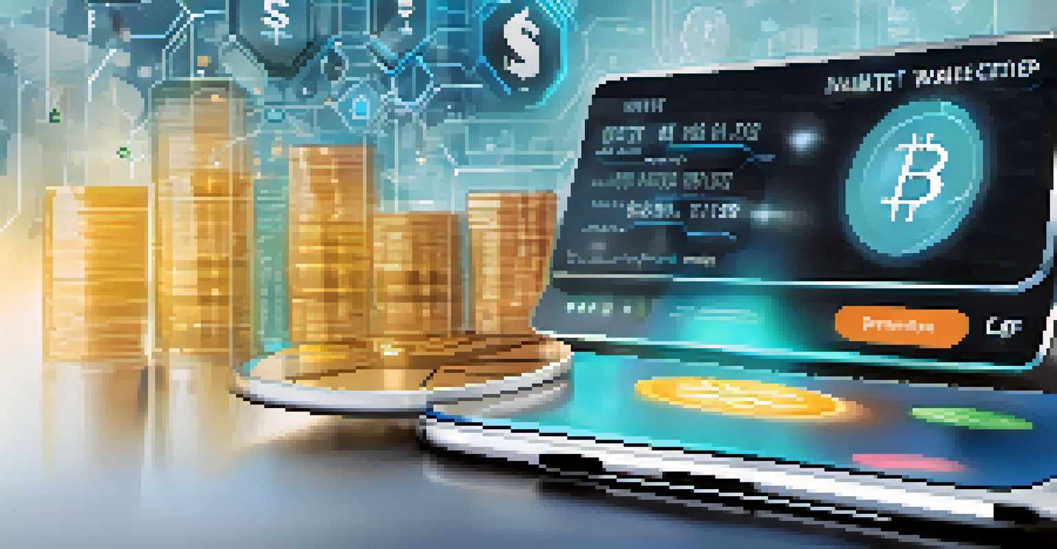 A digital wallet interface showing cryptocurrencies with transaction confirmations, set against a blurred futuristic background.