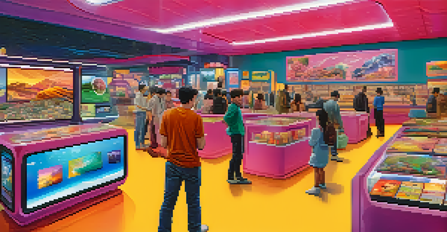 A futuristic digital marketplace with various digital collectibles and people interacting with screens.