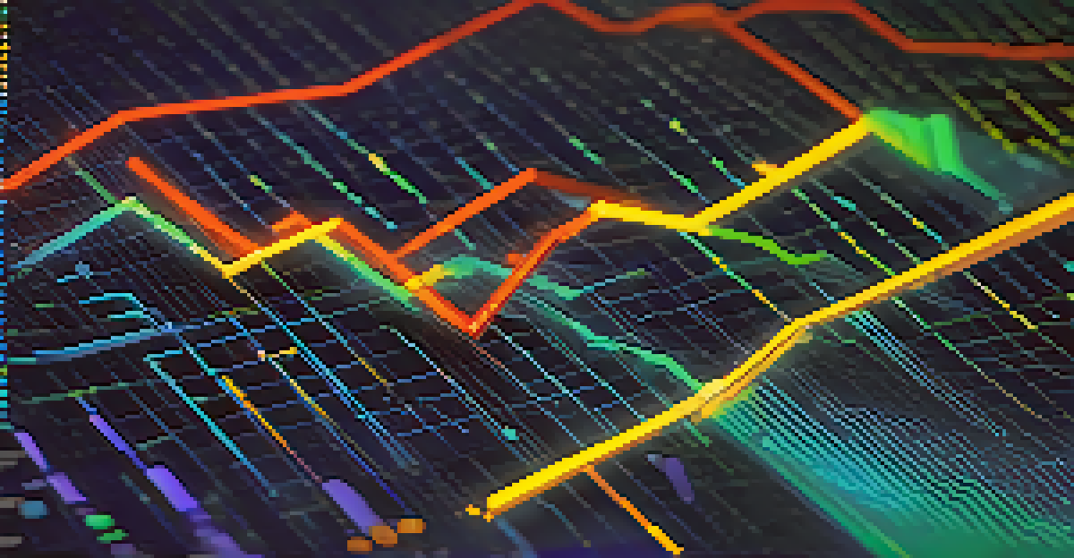 A close-up of a cryptocurrency trading chart highlighting trend lines, with a digital interface and glowing data points.
