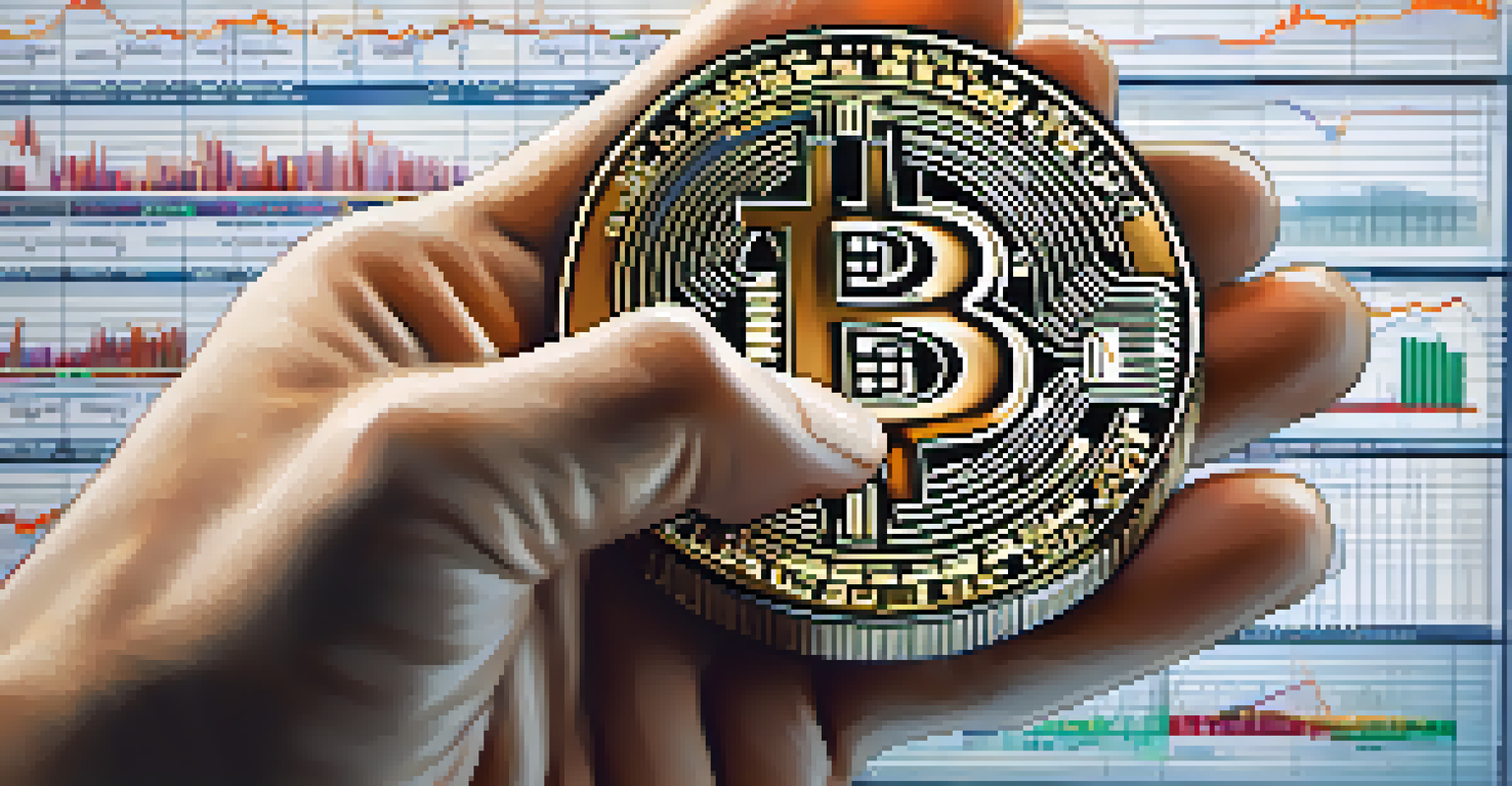 A hand holding a physical Bitcoin with a blurred stock market graph in the background.