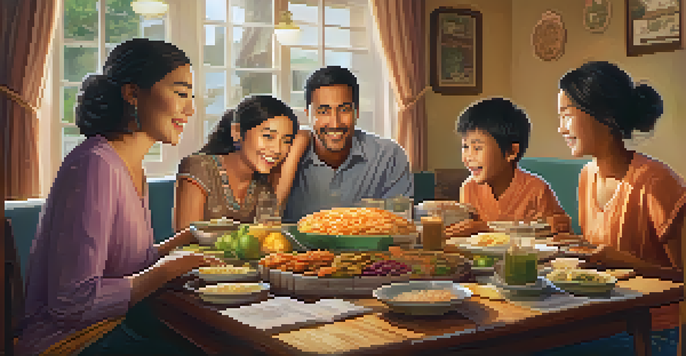 A family gathering around a table with traditional food, celebrating a remittance, with a laptop and warm lighting.