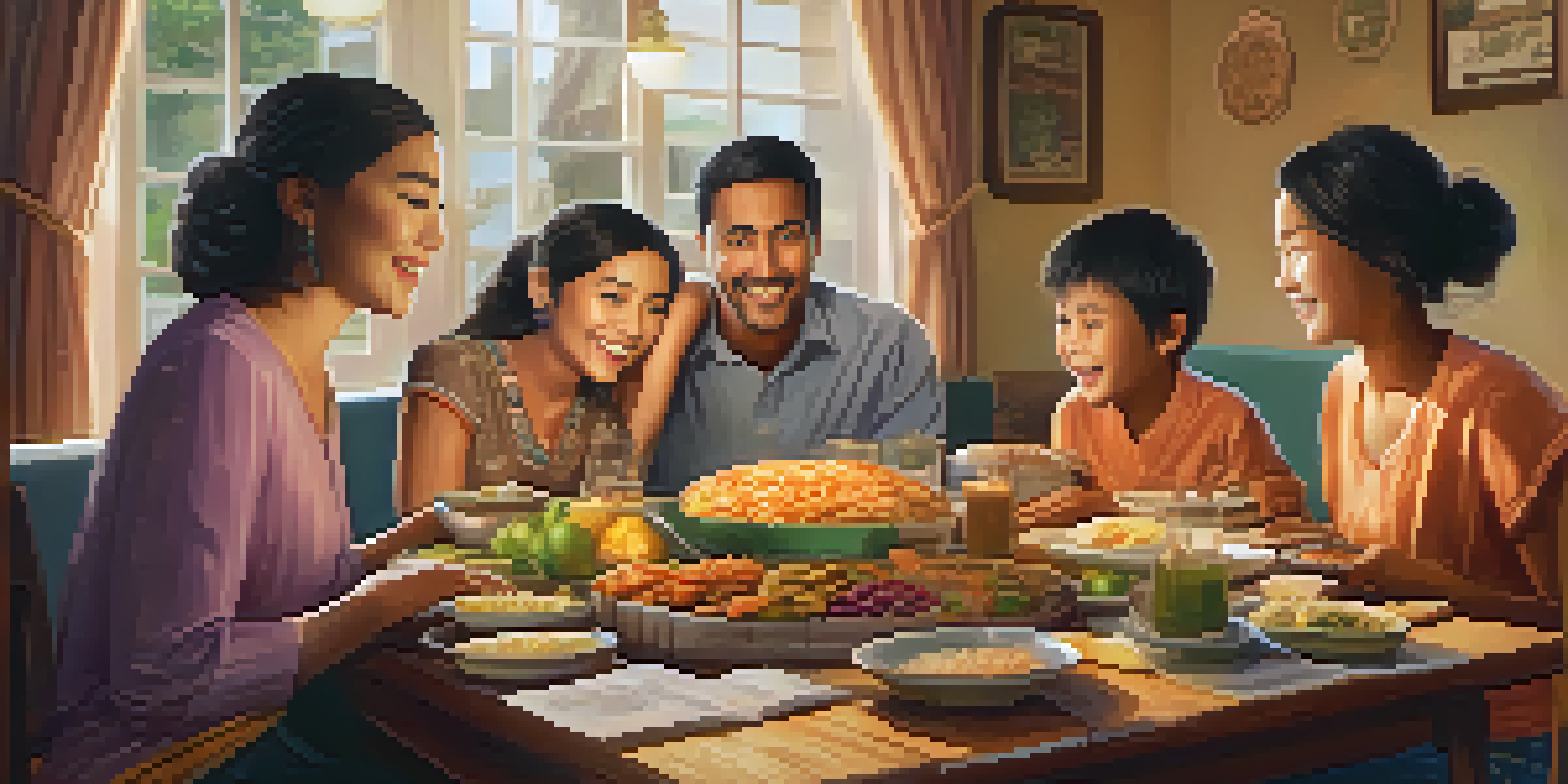 A family gathering around a table with traditional food, celebrating a remittance, with a laptop and warm lighting.