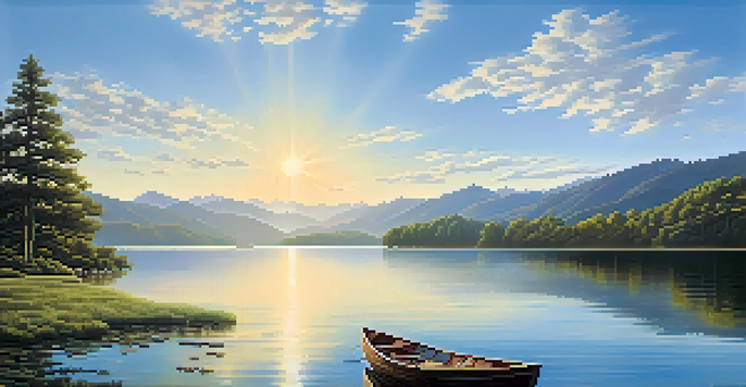 A peaceful lake bordered by green trees and mountains, with sunlight sparkling on the water and a small boat nearby.