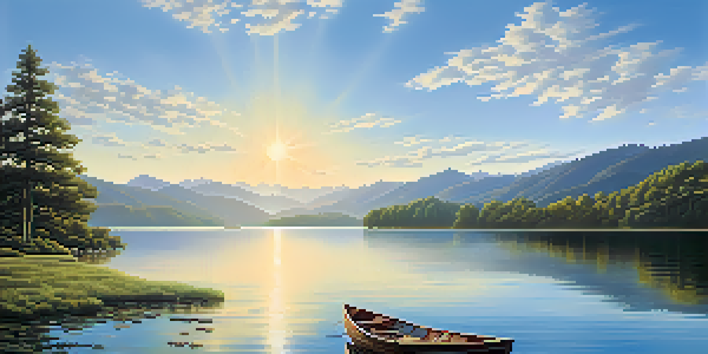 A peaceful lake bordered by green trees and mountains, with sunlight sparkling on the water and a small boat nearby.