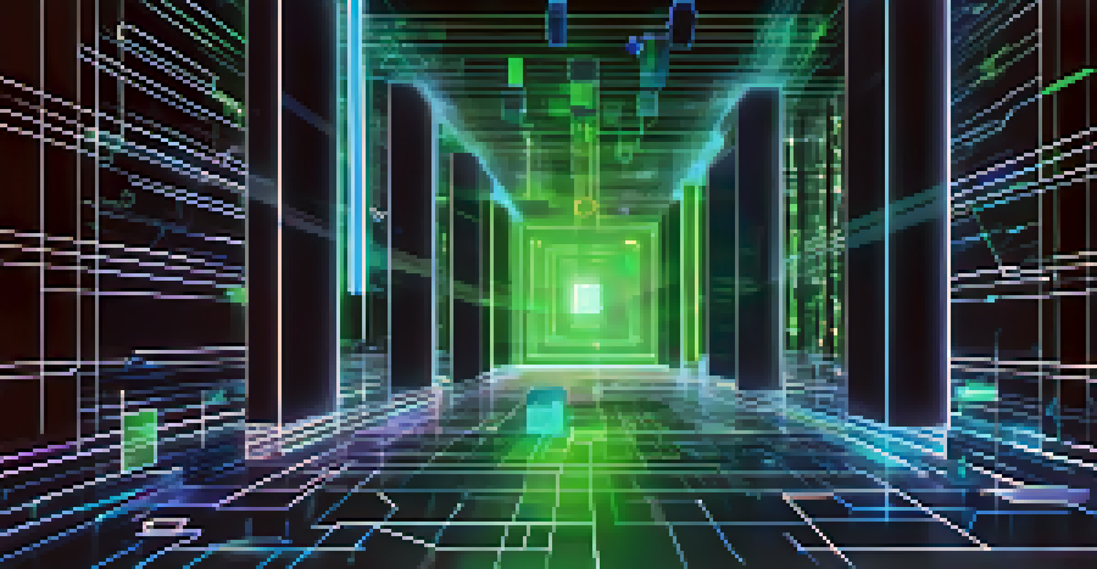 A digital representation of blockchain technology with glowing interconnected blocks in a dark space.