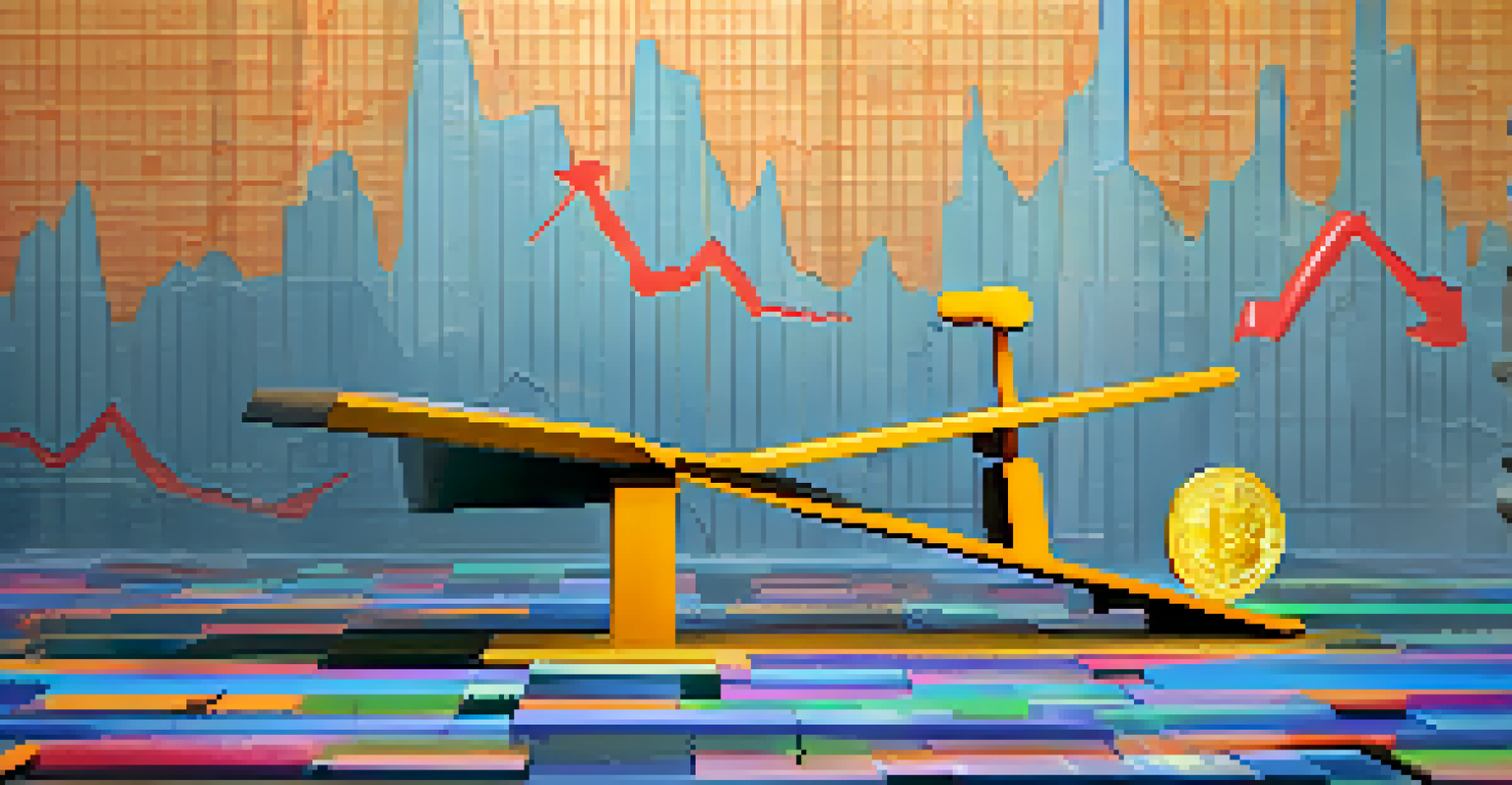 A seesaw representing cryptocurrency prices, with one side rising and the other side falling, set against a fluctuating graph background.