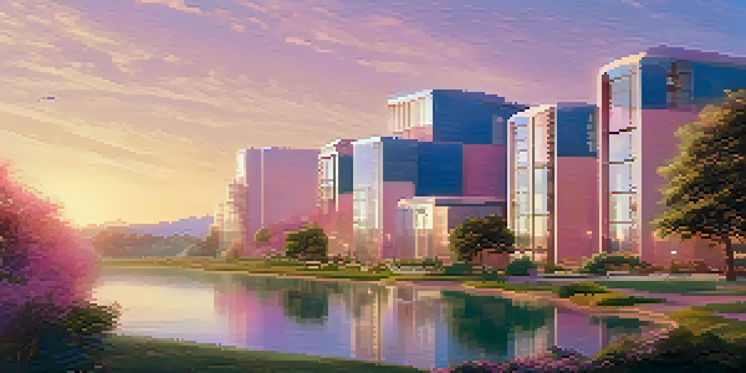 A peaceful landscape with a modern building surrounded by greenery, symbolizing digital real estate tokenization. Digital tokens are floating in the air, with a colorful dawn sky.