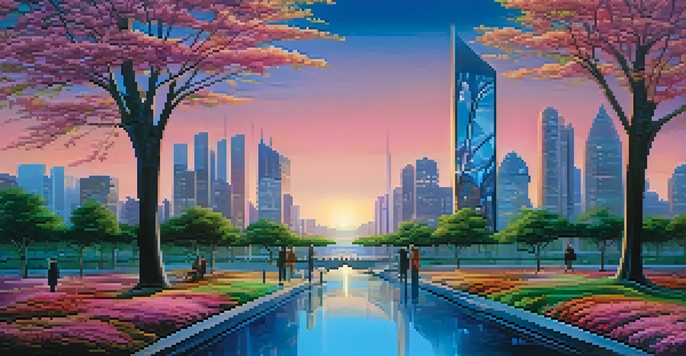 A futuristic cityscape blending nature and technology, featuring bioluminescent trees and sleek skyscrapers under a sunset sky.