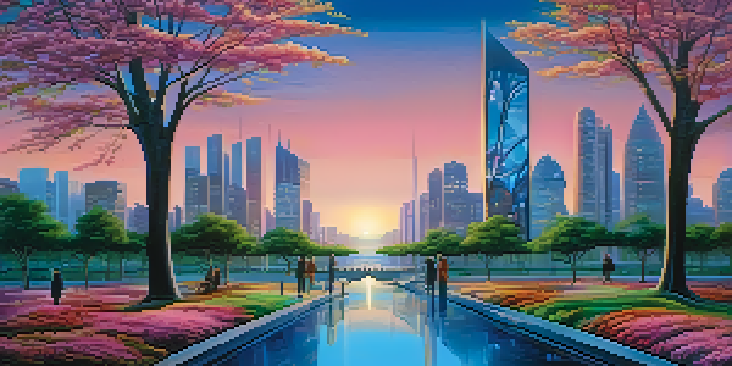 A futuristic cityscape blending nature and technology, featuring bioluminescent trees and sleek skyscrapers under a sunset sky.