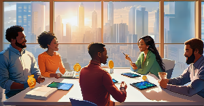 A group of diverse individuals discussing cryptocurrency forks at a modern table, with charts in the background and natural light illuminating the scene.