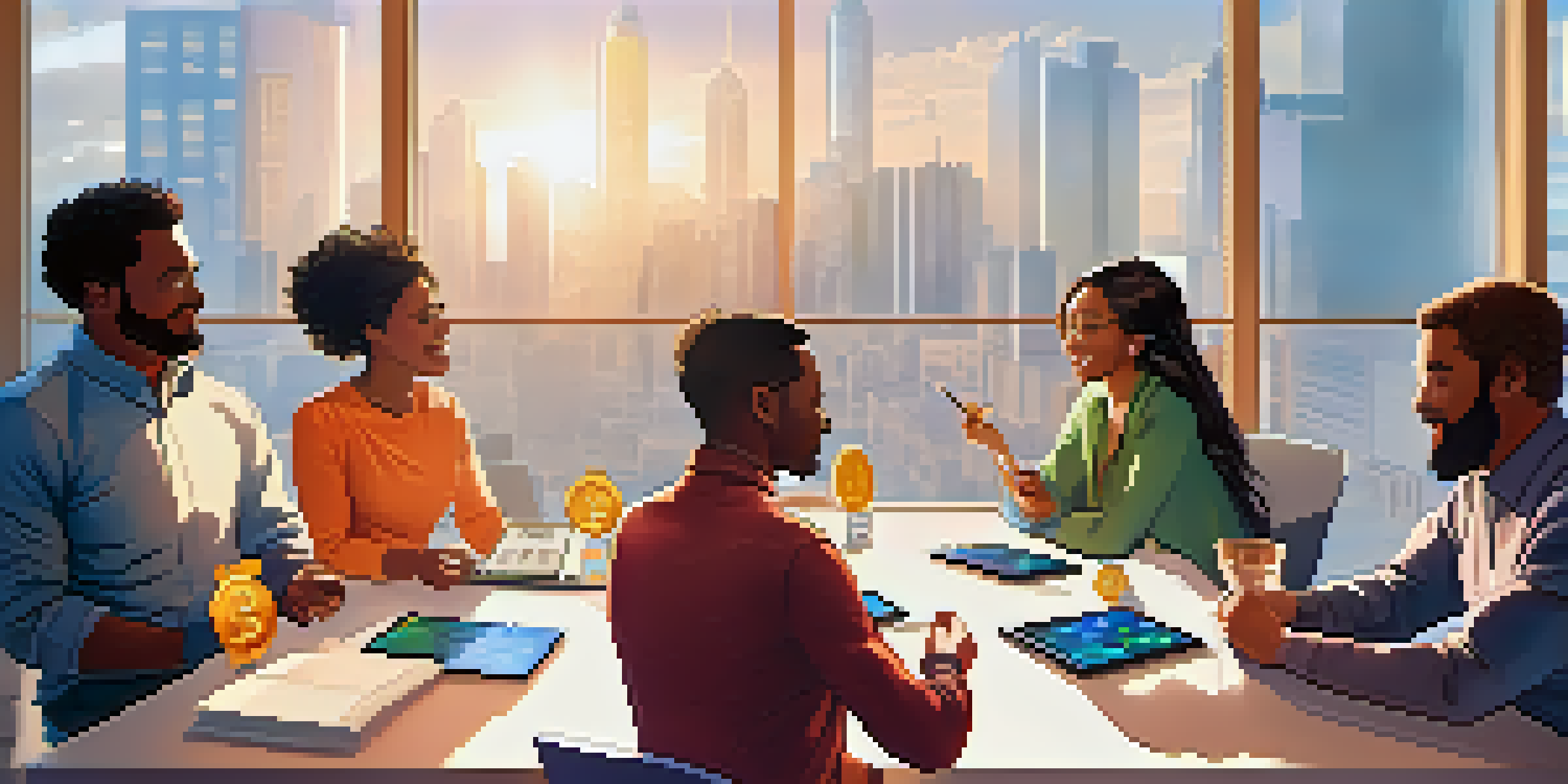 A group of diverse individuals discussing cryptocurrency forks at a modern table, with charts in the background and natural light illuminating the scene.