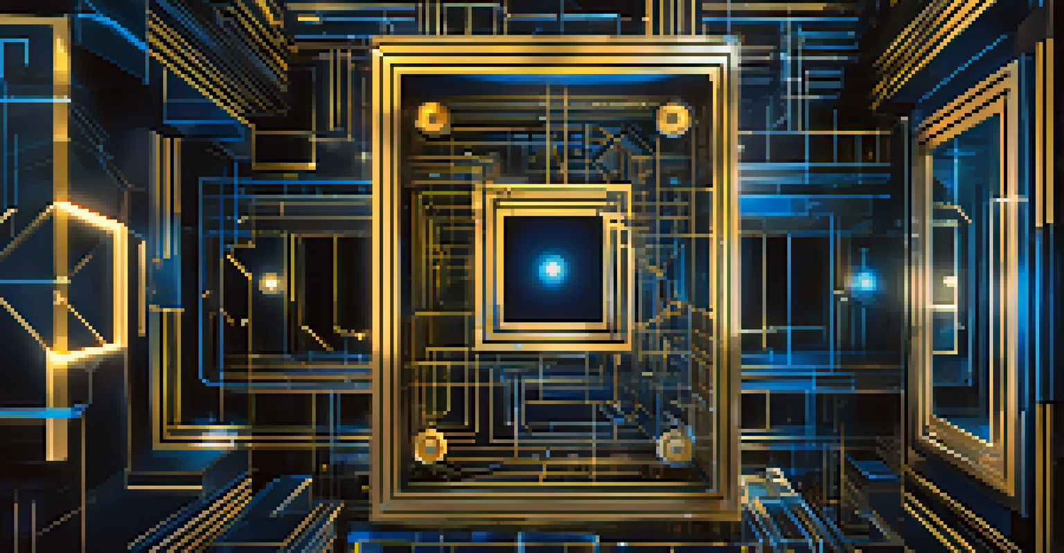 An abstract illustration of interconnected digital blocks forming a secure vault, with glowing patterns against a dark background.