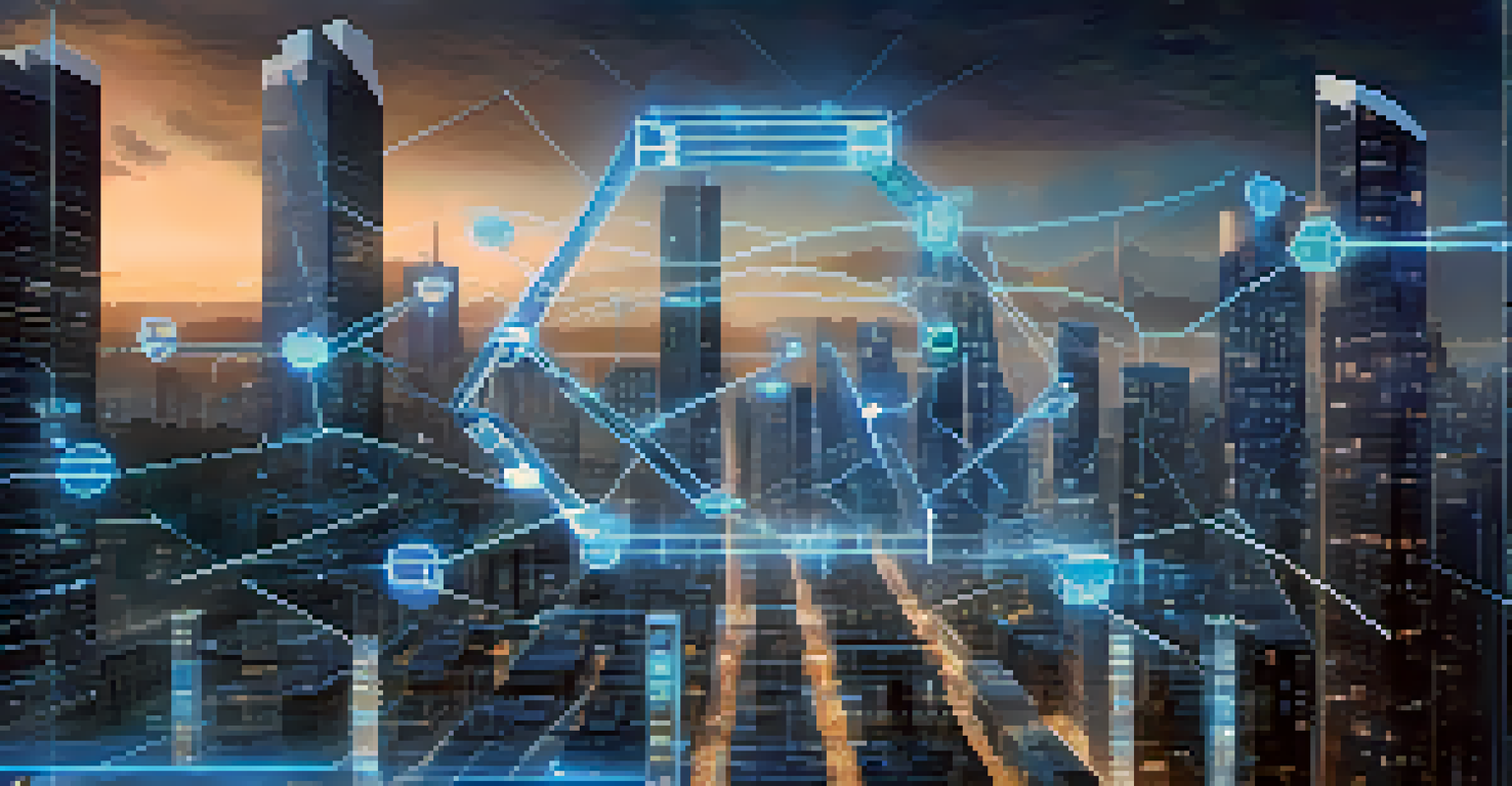 A digital representation of a blockchain transaction with glowing blocks, set against a futuristic city skyline.