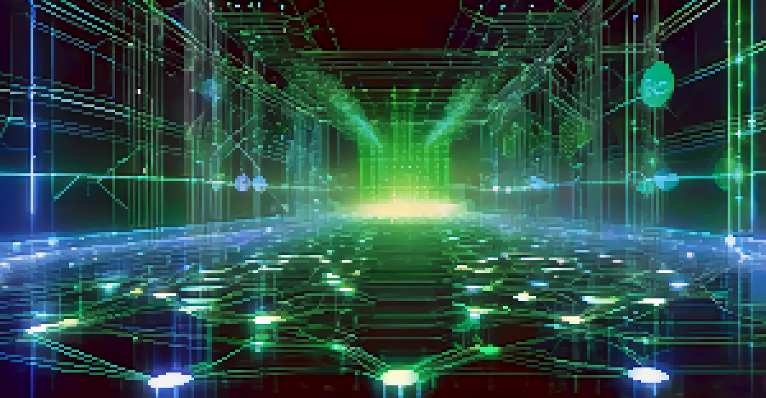 An abstract digital representation of blockchain technology with interconnected nodes and glowing tokens, set against a circuit-patterned background.