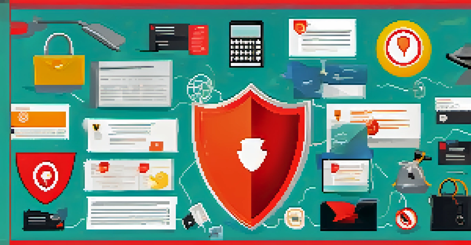 An infographic showing common signs of phishing scams with icons and a central shield symbolizing protection.