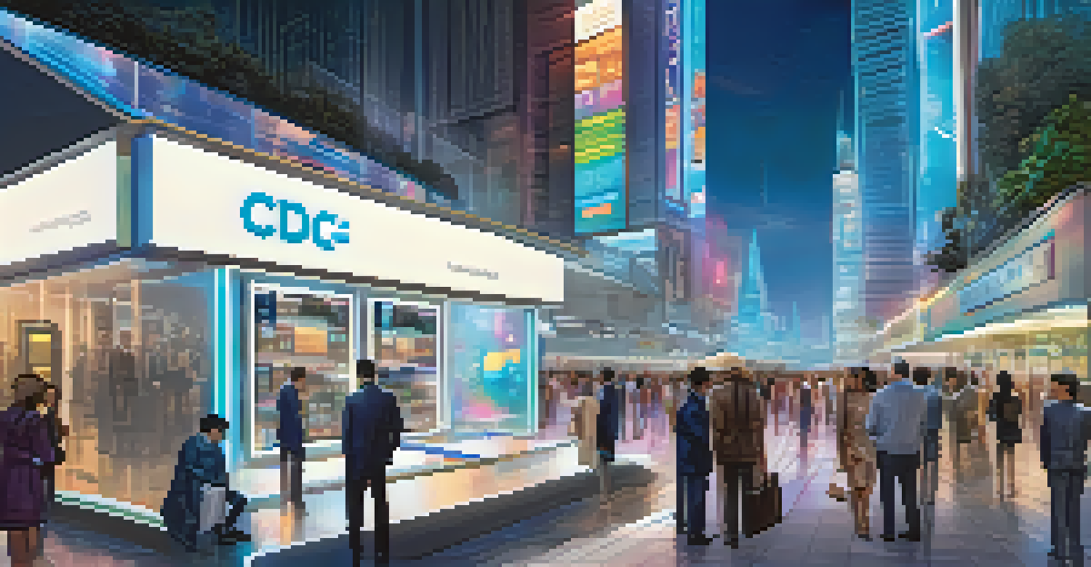 A futuristic city scene with people exchanging CBDCs at digital kiosks, displaying holographic currency information.