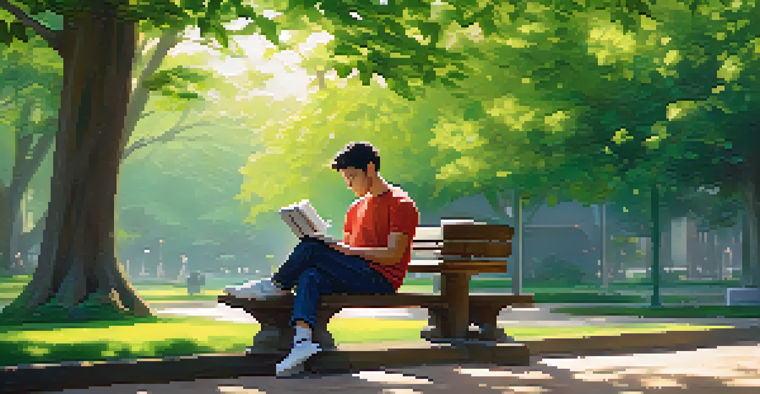A person sitting on a park bench reading a book about blockchain technology, surrounded by nature and soft sunlight, conveying a sense of peaceful learning.