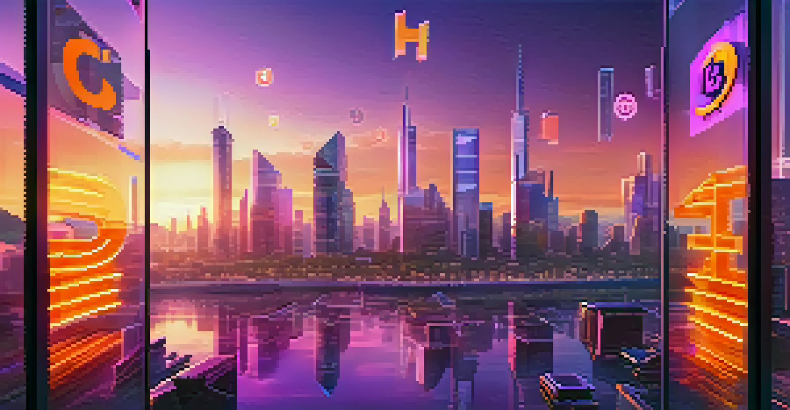 A futuristic city skyline at sunset with digital currency symbols floating above modern buildings, showcasing the integration of cryptocurrencies.