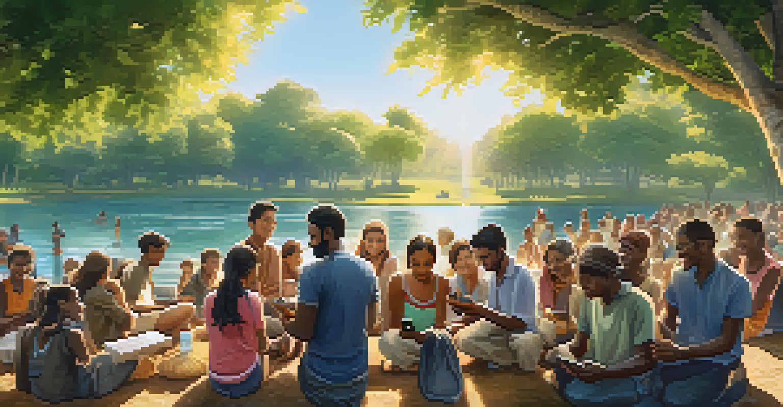 A community gathering around a clean water source, with individuals smiling and using smartphones.