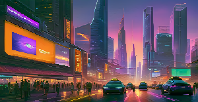A vibrant futuristic city skyline at dusk with neon lights and a bustling street.