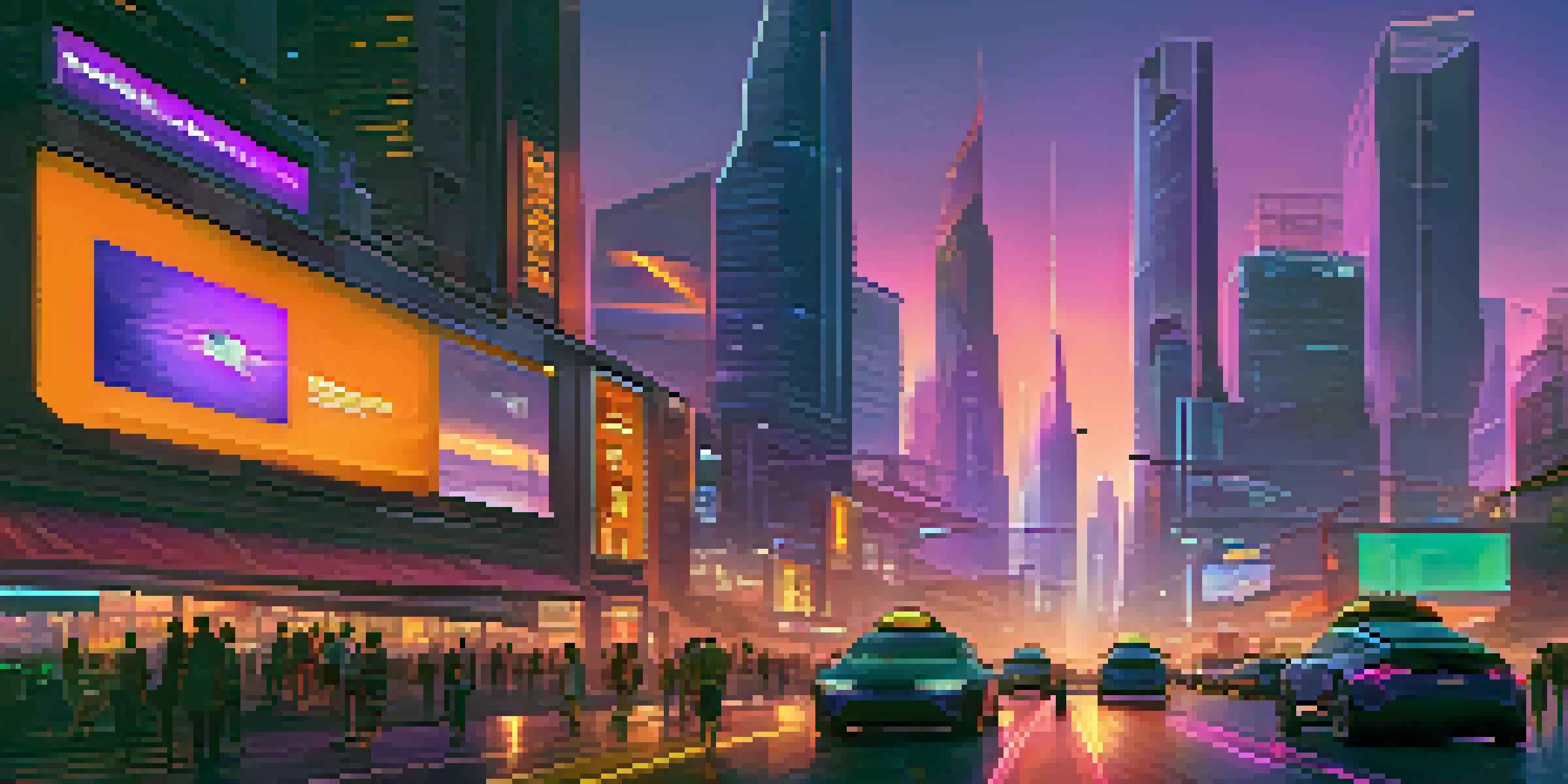 A vibrant futuristic city skyline at dusk with neon lights and a bustling street.