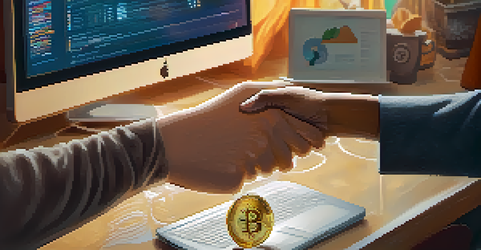 Close-up of hands exchanging a golden Bitcoin in a cozy room, with a laptop showing a charity website in the background.