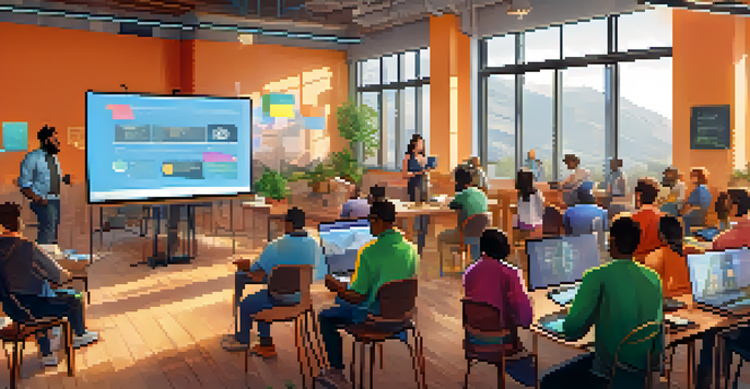 A community workshop where people are learning about cryptocurrency, with a whiteboard and natural light illuminating the room.