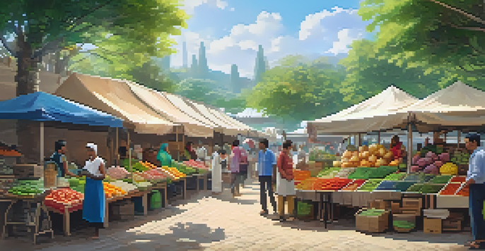A busy marketplace with colorful stalls and diverse people interacting, using mobile devices for transactions.