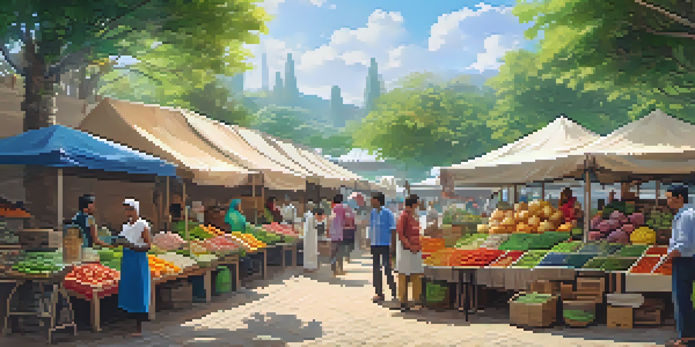 A busy marketplace with colorful stalls and diverse people interacting, using mobile devices for transactions.