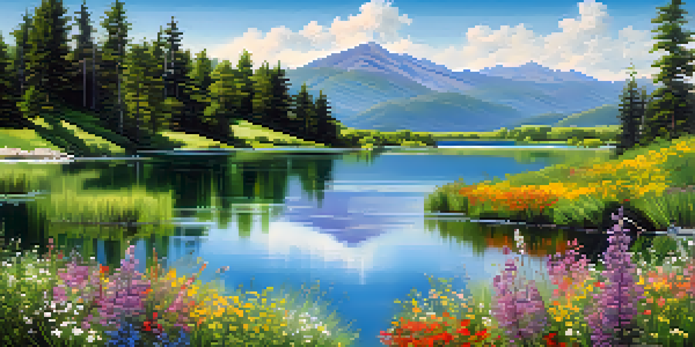 A peaceful lake surrounded by green mountains and blooming wildflowers under a blue sky.