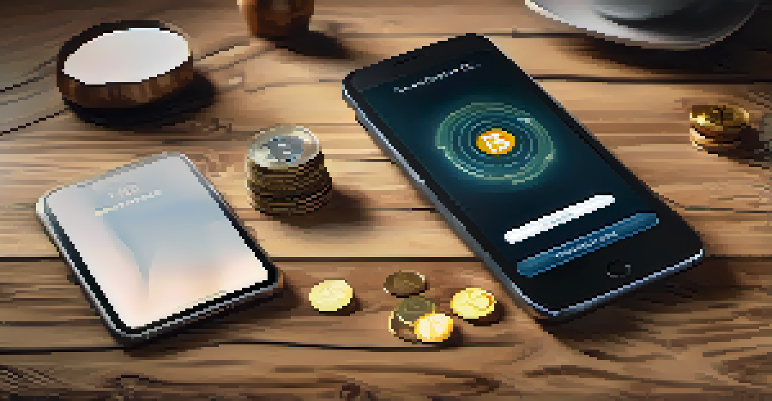 A close-up view of a smartphone showing a cryptocurrency wallet, with coins and a digital tablet on a rustic table, illuminated by soft light.