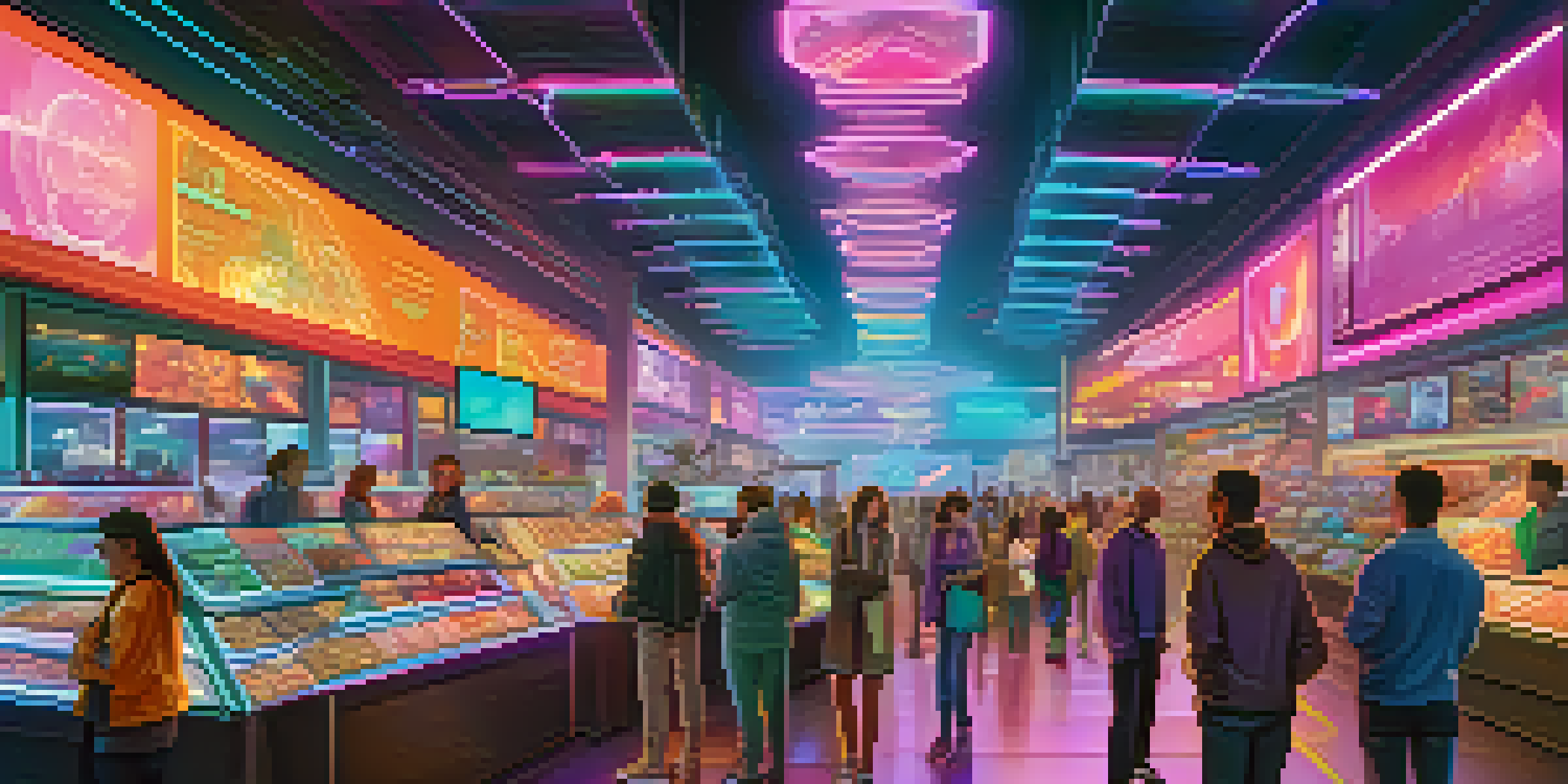 A lively digital marketplace filled with people trading tokenized assets, featuring holographic displays and neon lighting.