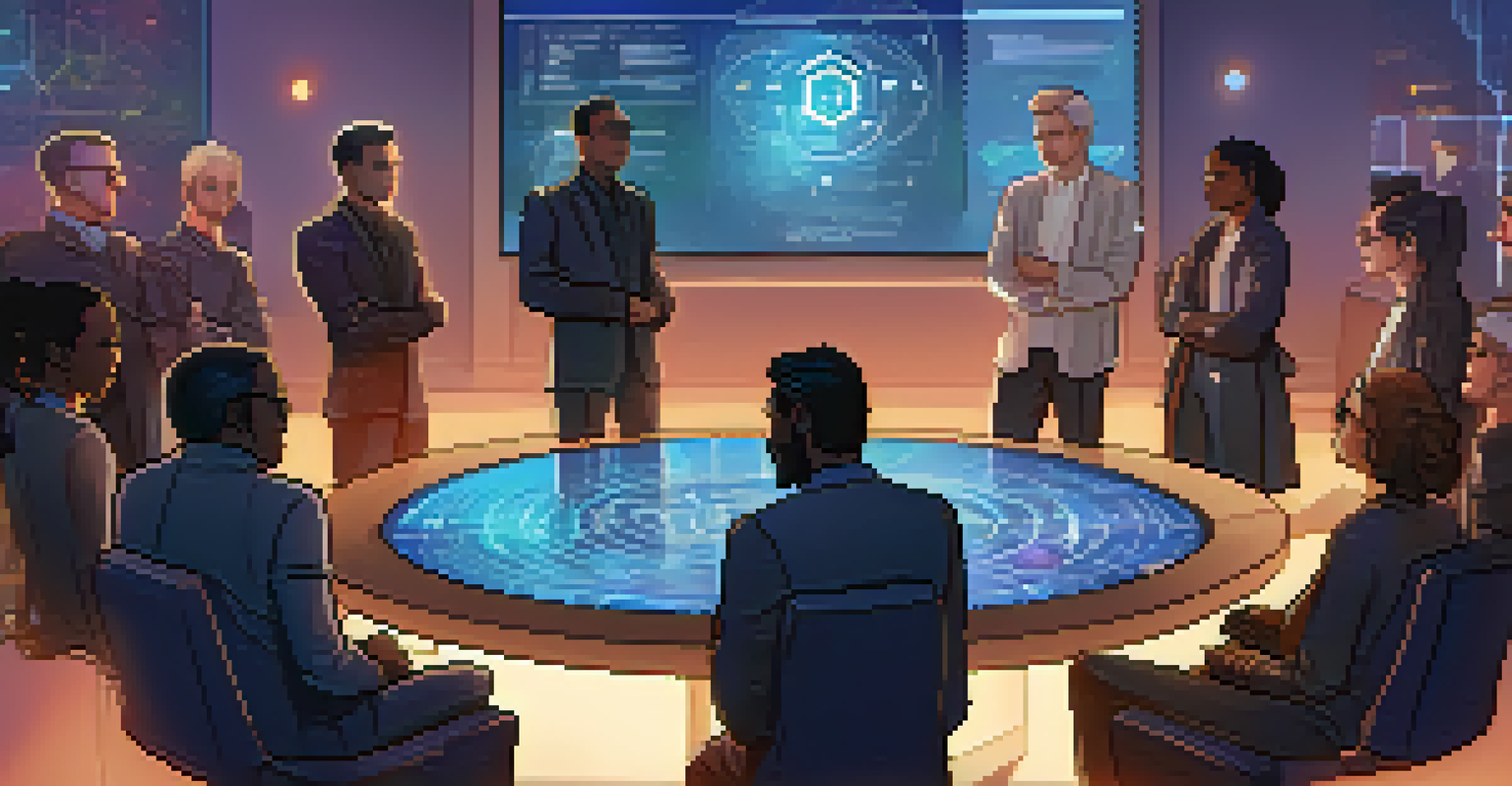 An illustration of a diverse group of people in a DAO meeting with holographic displays and warm lighting.