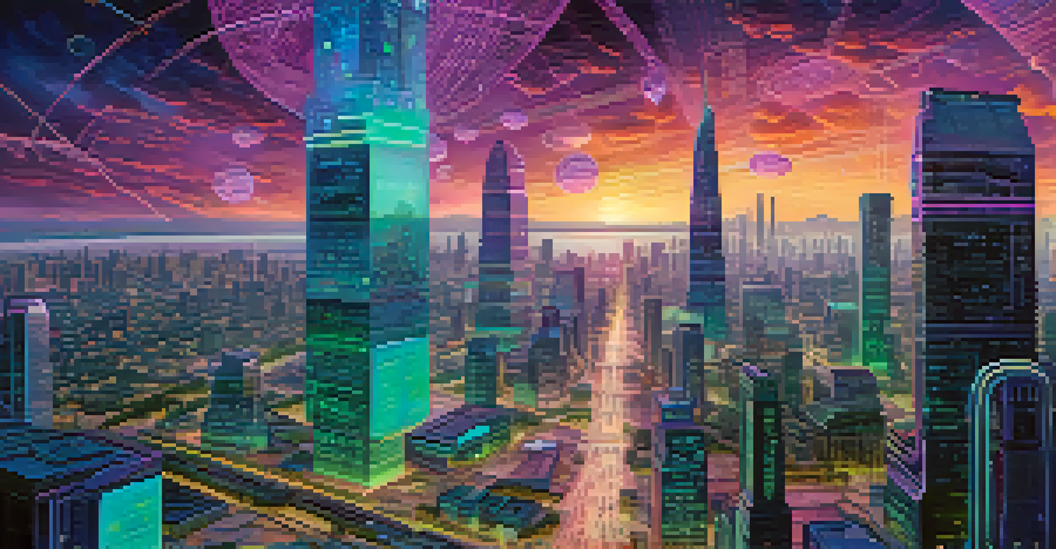 A futuristic cityscape with cryptocurrency-themed skyscrapers and digital screens showing price fluctuations.
