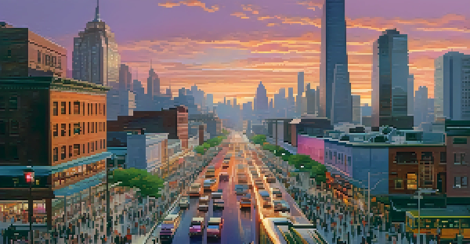 A vibrant city skyline during sunset with a mix of skyscrapers and traditional buildings, illuminated by warm colors in the sky.