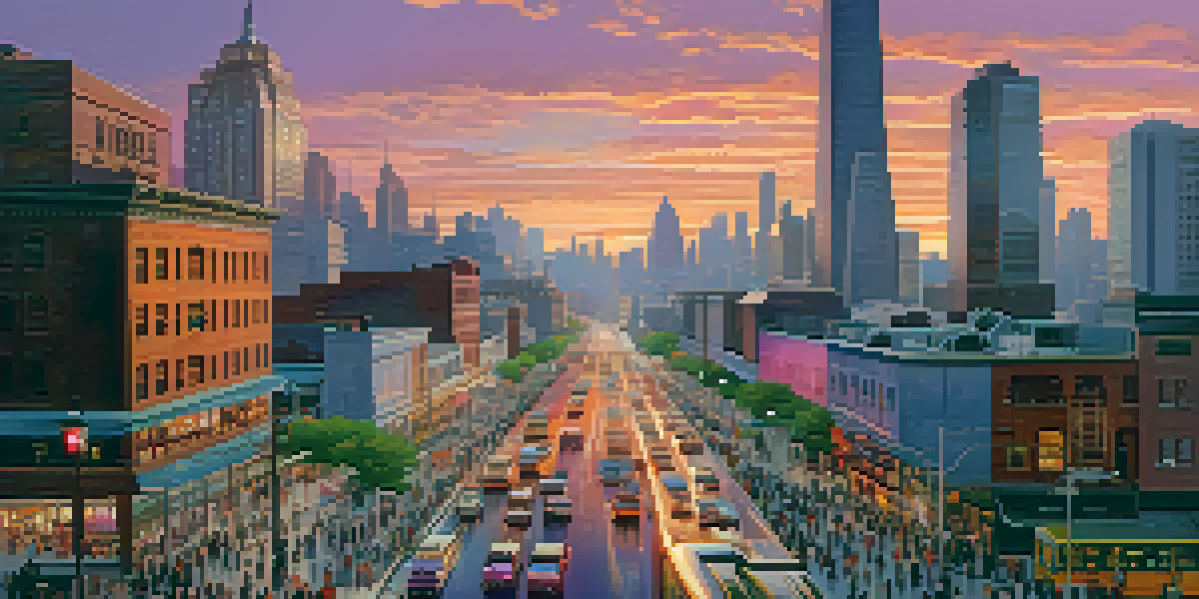 A vibrant city skyline during sunset with a mix of skyscrapers and traditional buildings, illuminated by warm colors in the sky.
