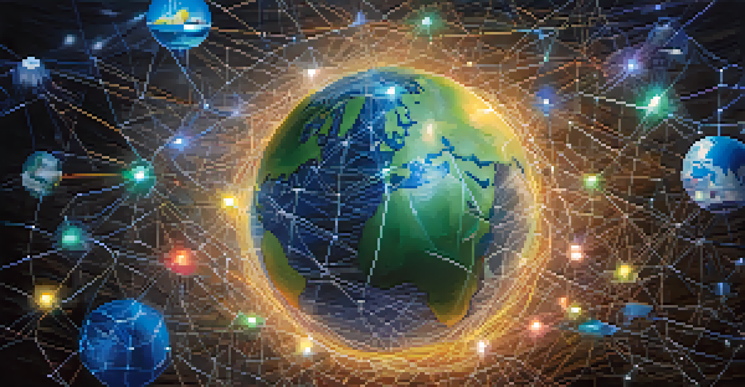 A globe composed of digital networks with icons of charitable causes illuminated around it, representing global donations.