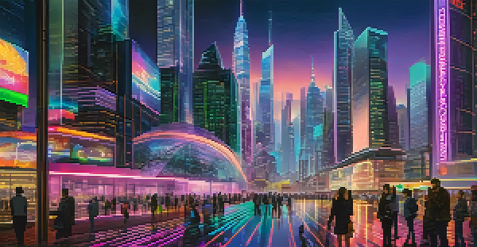 A futuristic city skyline at dusk with neon lights and holographic displays representing digital currencies.