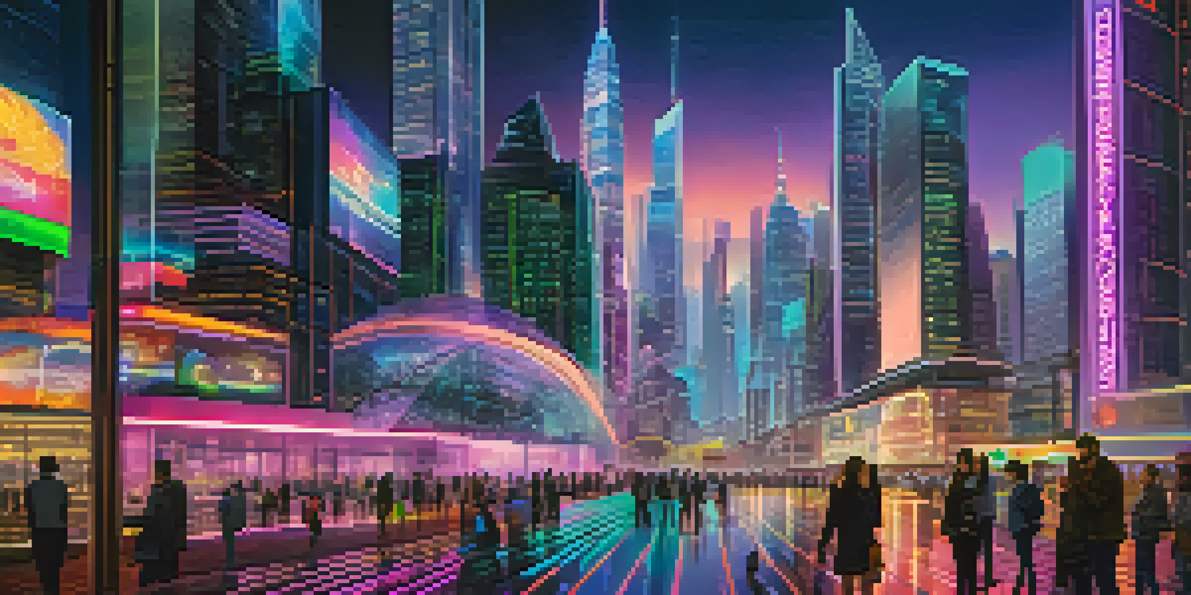 A futuristic city skyline at dusk with neon lights and holographic displays representing digital currencies.