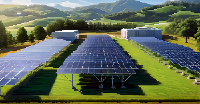 A large solar-powered cryptocurrency mining farm with solar panels and mining rigs under a blue sky.